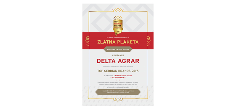 Delta Agrar i ove godine dobitnik nagrade "Top Serbian Brands" 